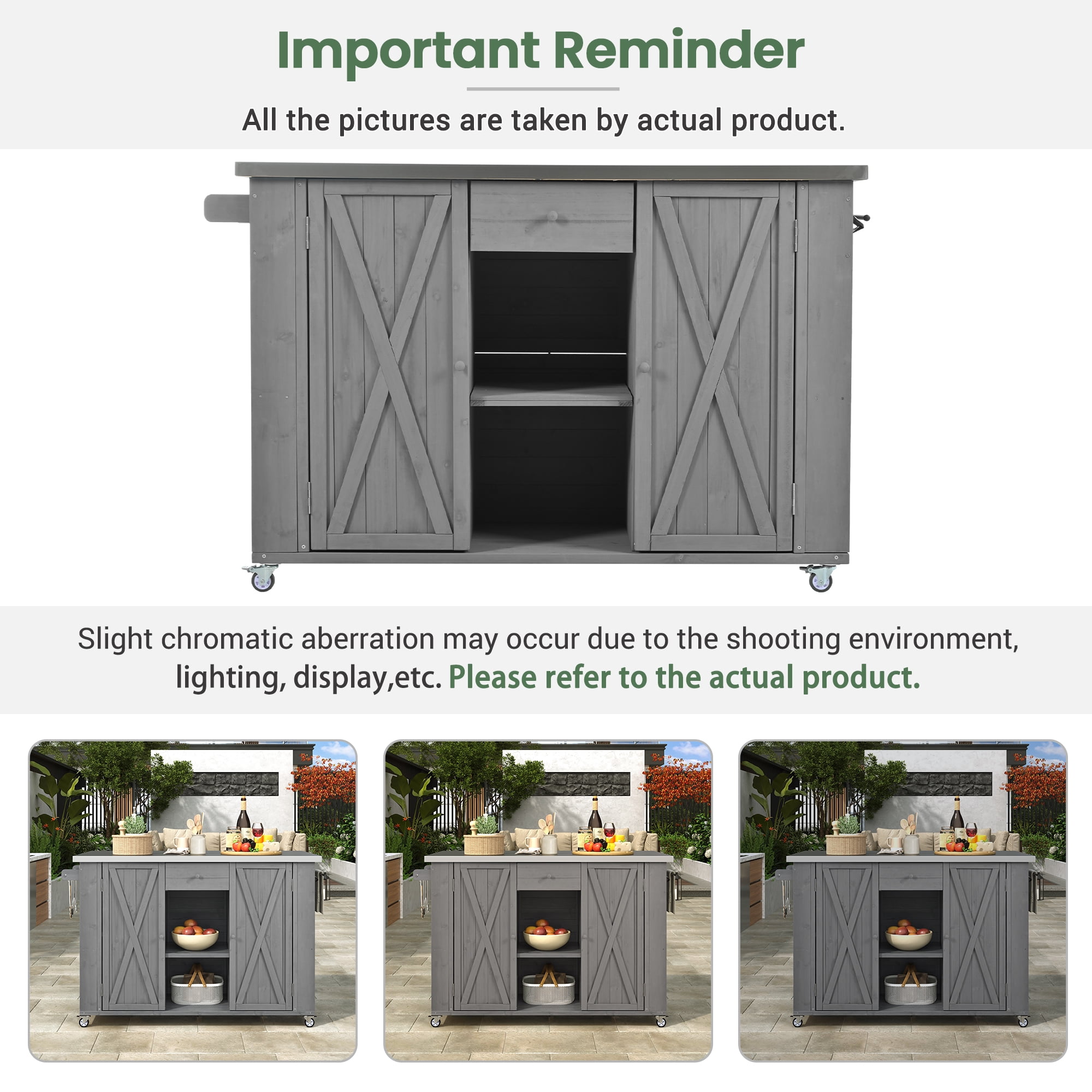 Outdoor Kitchen Cabinet, Fir Wood Furniture with Stainless Steel Top for Patio, Grey