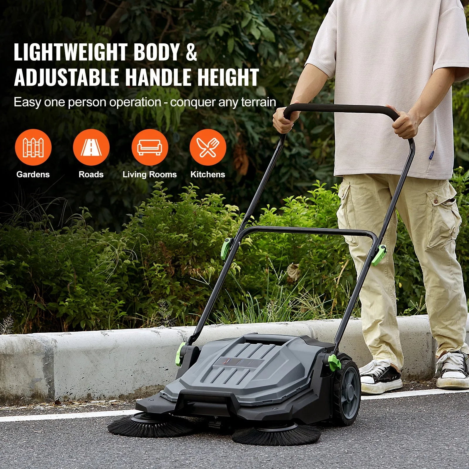 Push-type sweeper, manual non-electric sweeper, 5-gallon garbage bin, adjustable angle and height folding handle, suitable for walkways, courtyards, garages, and patios