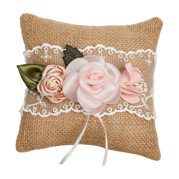 Anillos de boda Almohada Estilo europeo Vintage Arpillera Yute Decoración Rústica para aniversario Fiesta de bodas Día de San Valentín Suministros Rosa BLESIY cojín de anillos