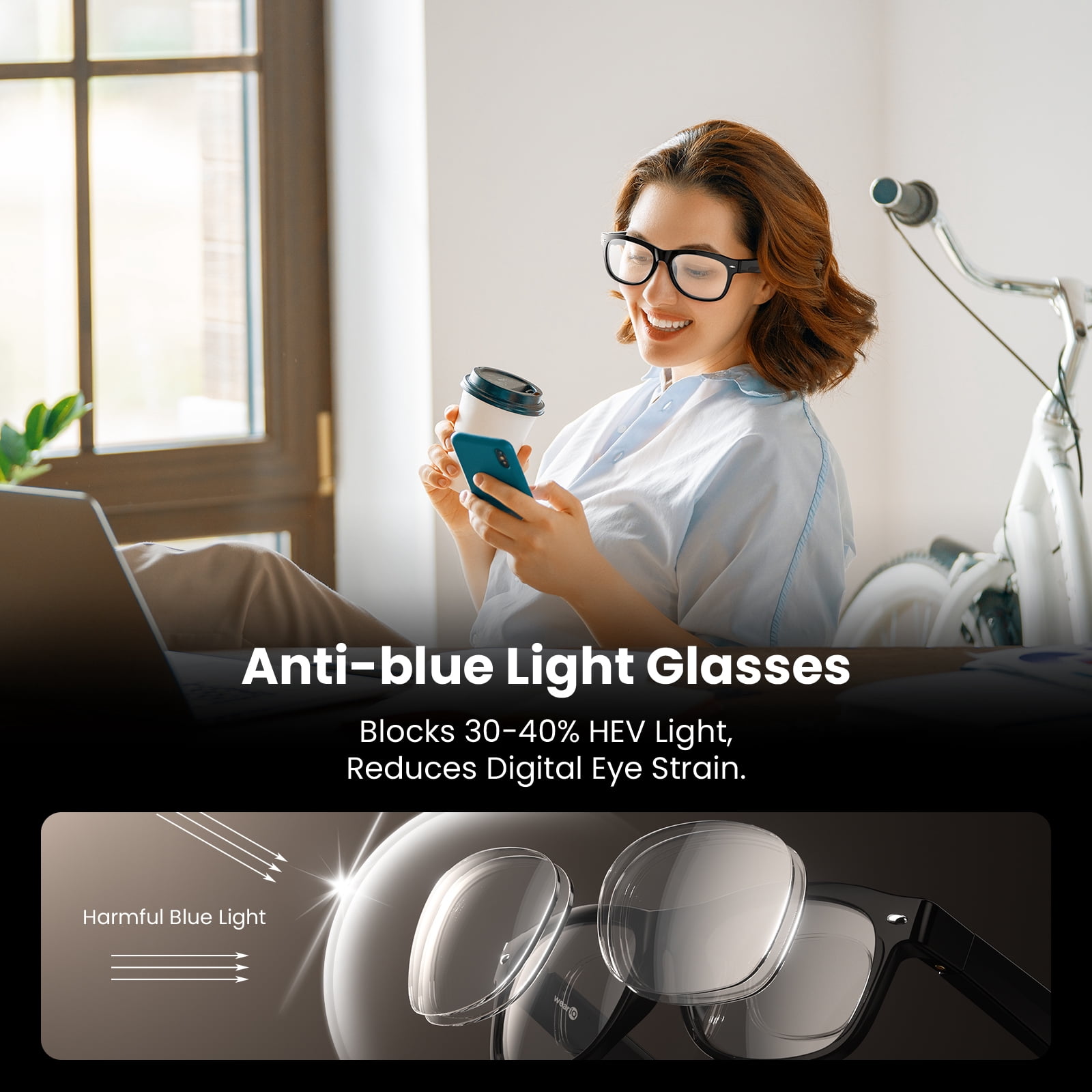 WeariQ Blue Light Blocking Bluetooth Smart Glasses – Shiny Black Bluetooth Glasses with UV Protection, Hands-Free Calls & Music