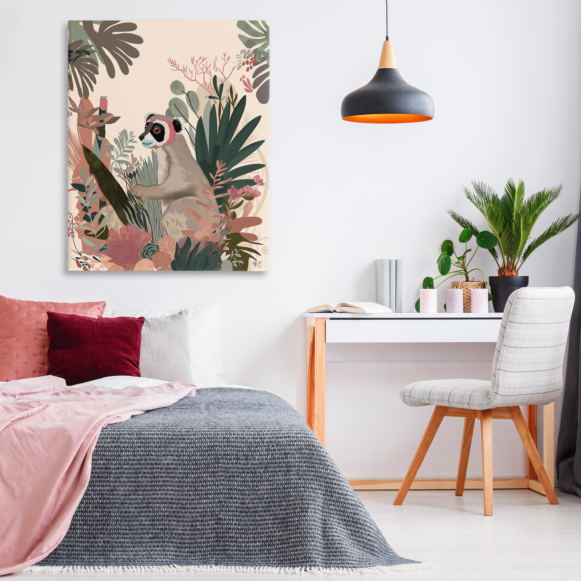 Stupell Industries Happy Lemur & Plants Animals & Insects Painting Gallery Wrapped Canvas Art Print Wall Art, 36 x 48