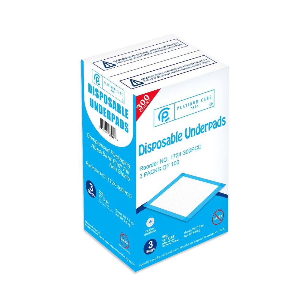 Platinum Care Pads Disposable Underpads Size 17"x24" 22 Gram 300 Case (3 bags of 100)