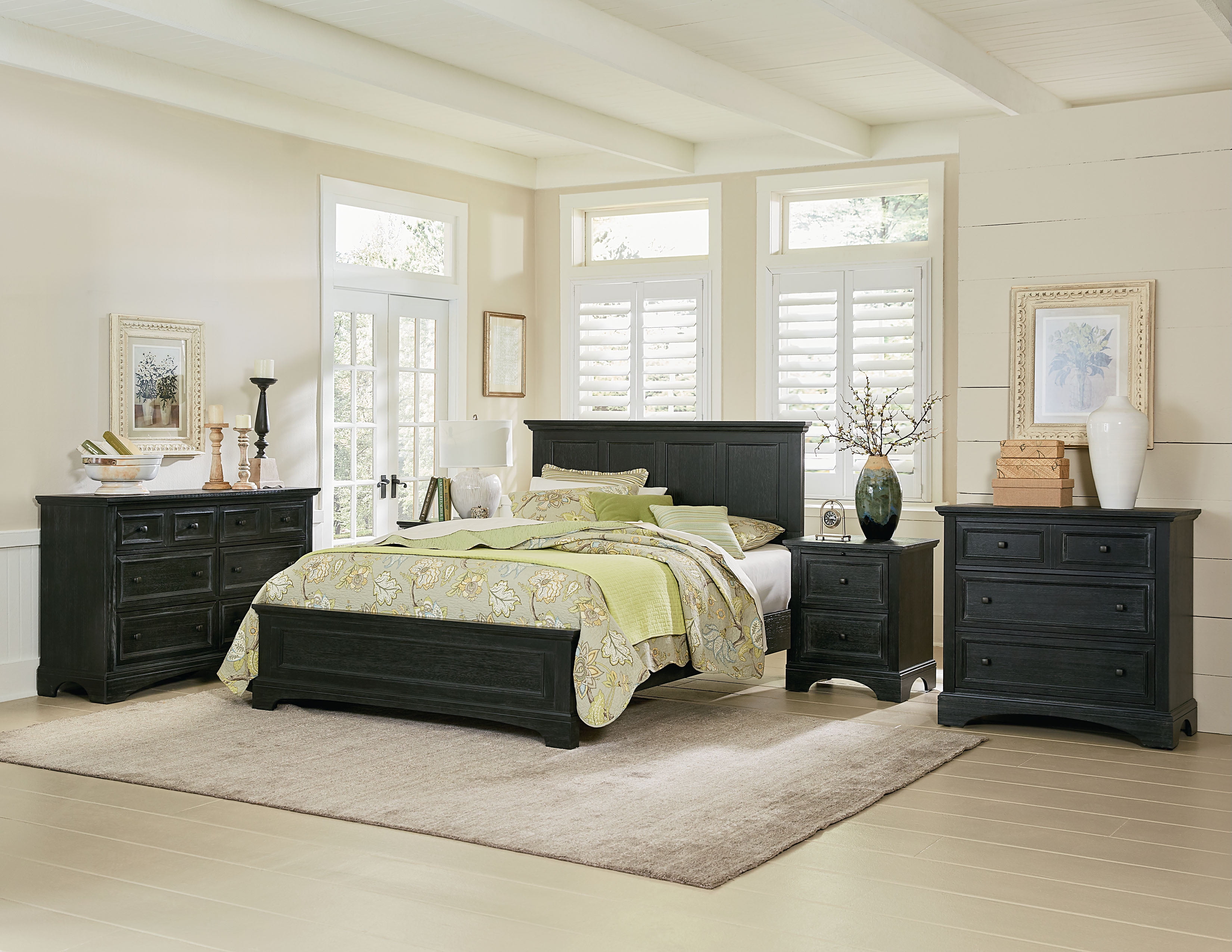 farmhouse bedroom with dark furniture