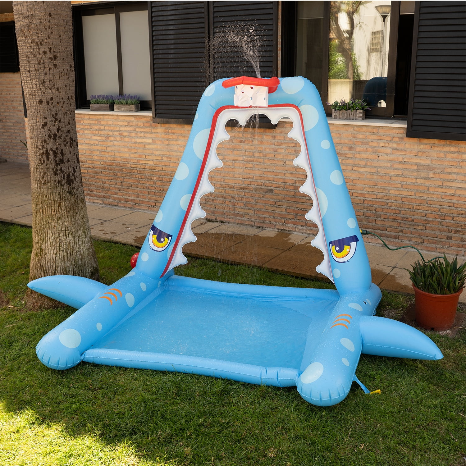 Zone Tech Giant Inflatable Shark Sprinkler Splash Pad with Basketball Hoop and Water Toys - Fun Sprinkler Summer Outdoor Game