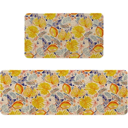 Lemon Kitchen Rug Sets of 2 Non Slip Washable  Blue and Yellow Lemon Kitchen Mat Set Home Decor Summer Kitchen Mats and Rugs