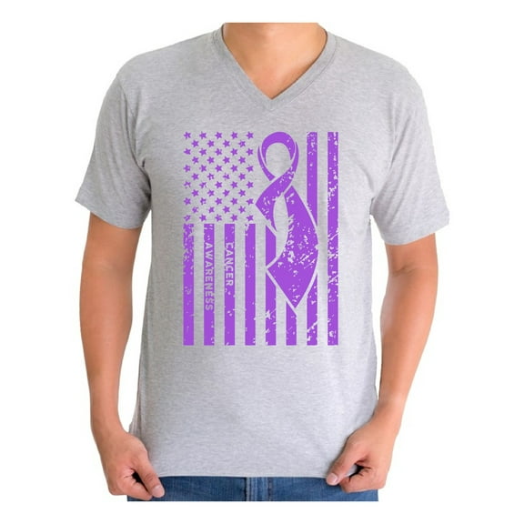 Awkward Styles Men's Cancer Awareness Graphic V-neck T-shirt Tops Purple Ribbon