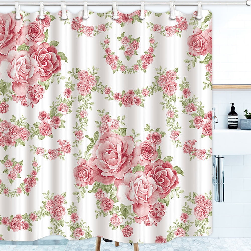 Shower Curtain, Pink Roses Flower Bath Set Vine Pattern Waterproof Non