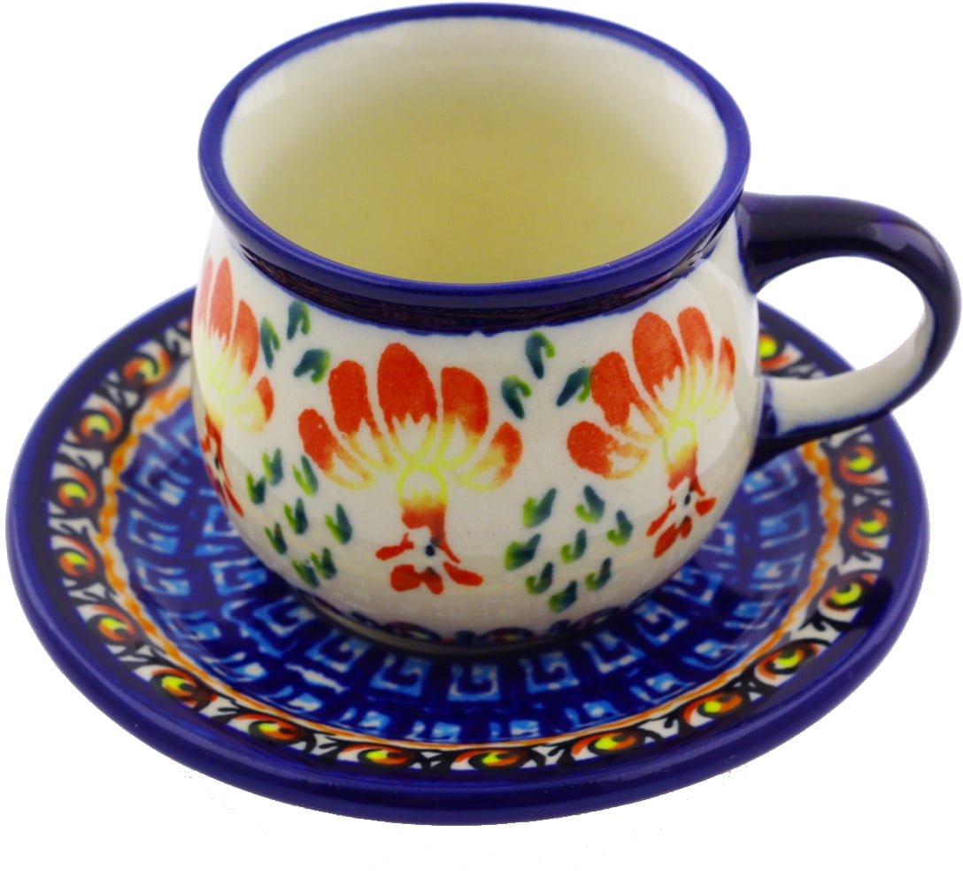 Polish Pottery 2 oz Espresso Cup with Saucer (Blooming Red Theme) Hand