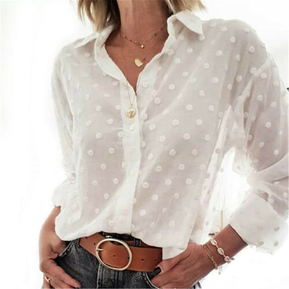 Aunavey Womens Polka Dot Tops Loose Blouses,Elegant Long Sleeve Turn Down Collar White OL Shirt