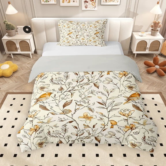 Erosebridal Gold Floral Twin Bedding, Chic Bird Duvet Cover Set for Girls, Gray Reversible, 2pcs 1 Duvet Cover and 1 Pillowcase, No Comforter