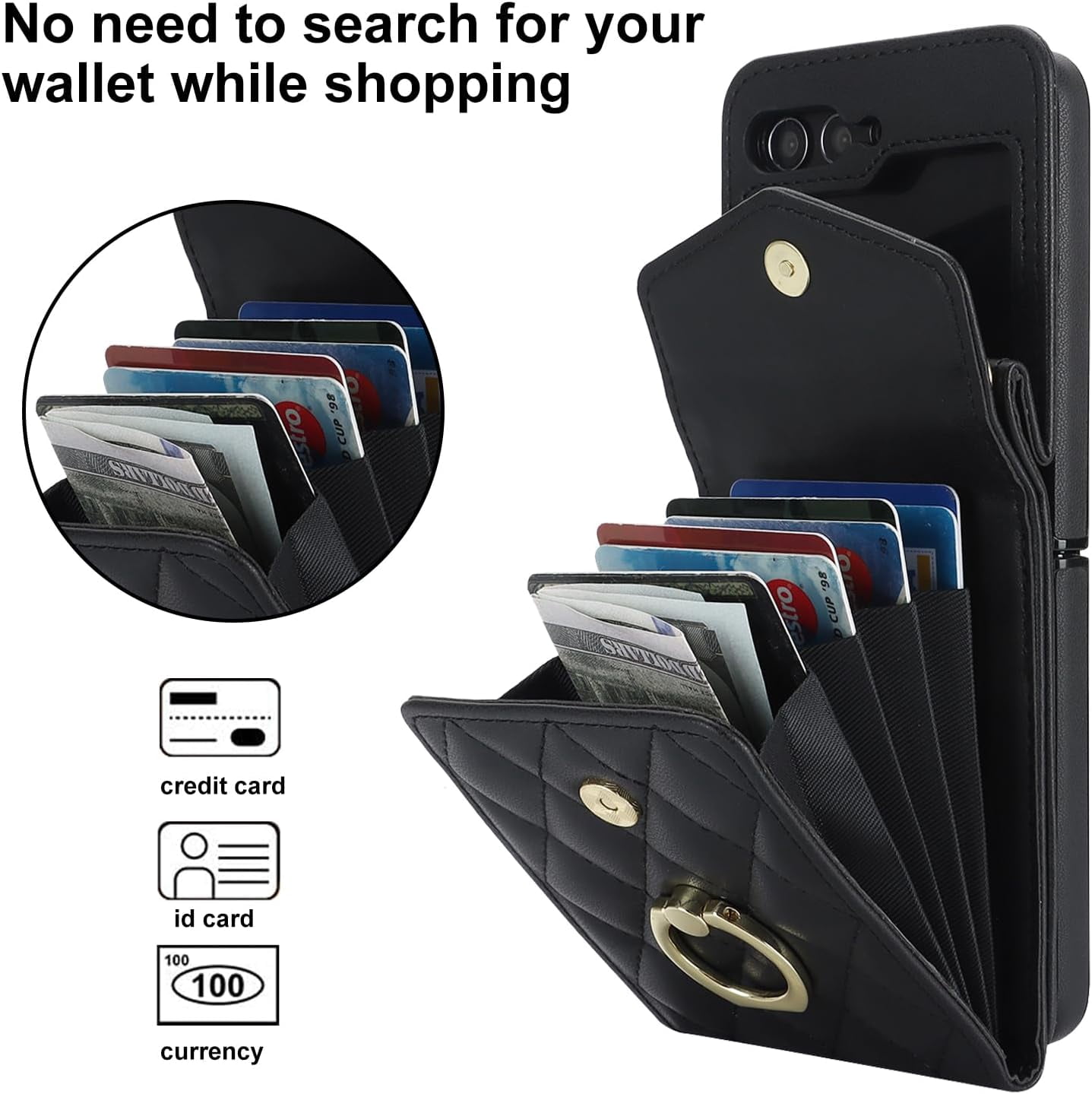 Phone Case for Samsung Galaxy Z Flip 5 5G 2023 Wallet Cover with RFID Blocking Ring Crossbody Wrist Strap Stand Credit Card Holder Cell Accessories ZFlip5 Z5 G Flip5 5Z Women Men Girls Black
