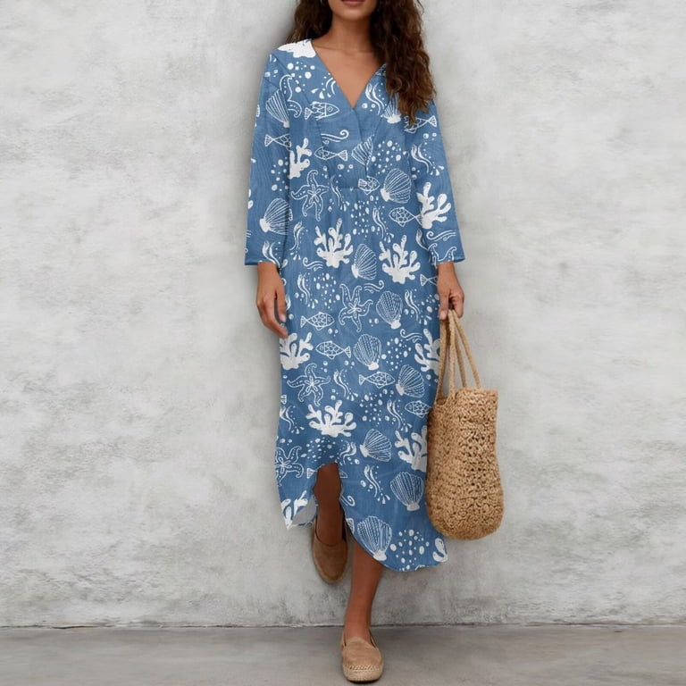 SCRAWLGOD Nautical Sea Creature Print Women's Linen Texture 3/4 Sleeve Summer Beach Dress V-Neck Casual Loose Fit Dress for Daily Wear, Vacations, M