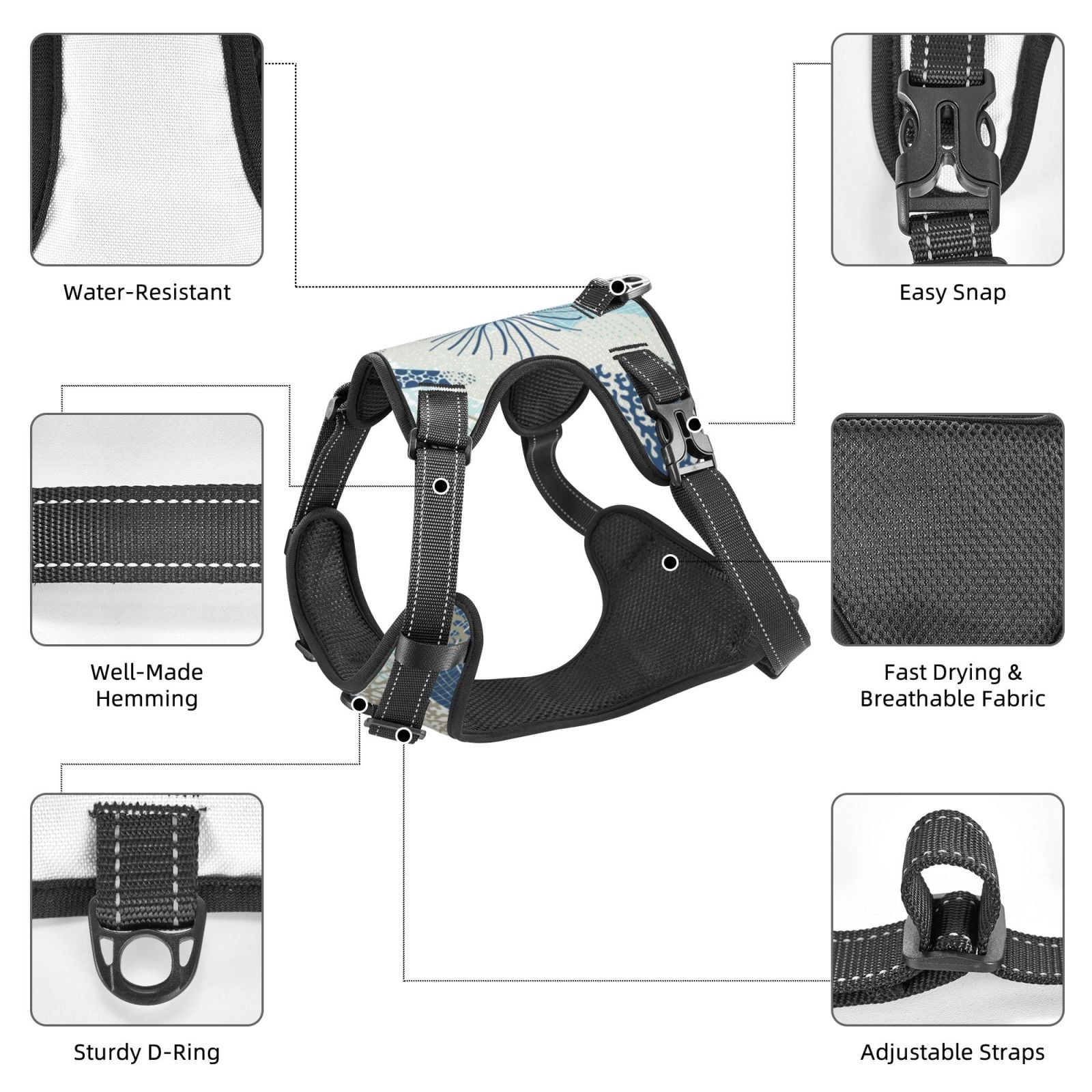 Fuzoiu Algae Corals and Seashells Print Reflective Dog Harness,Adjustable, Breathable Pet Vest,Dog Harness No Pull,No Choke Pet Vest for Small, Medium, and Large Dogs-Large