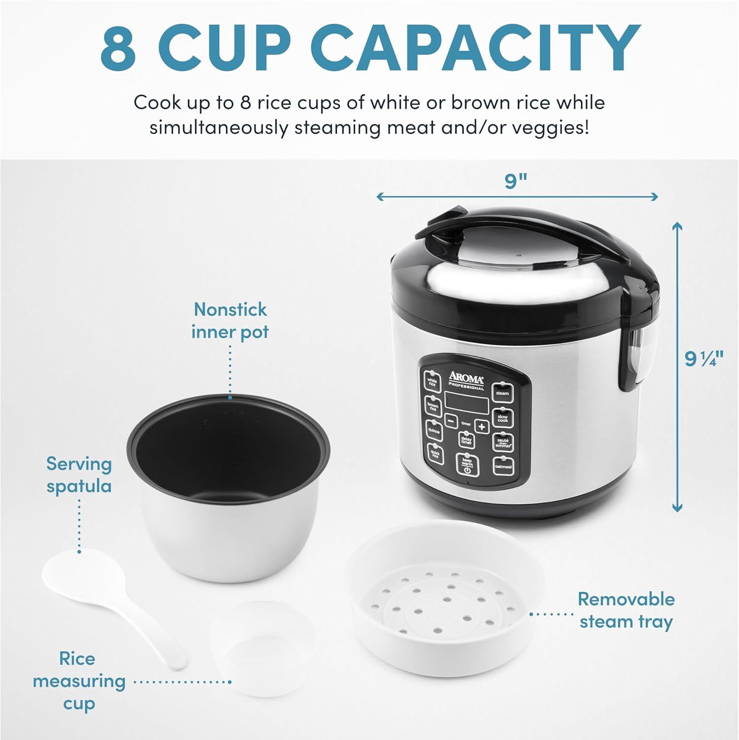 AROMA Professional Digital Rice Cooker, Multicooker, 4-Cup (Uncooked) / 8-Cup (Cooked), Steamer, Slow Cooker, Oatmeal Cooker, STS, Auto Keep Warm, 2 Qt, Stainless Steel Exterior, ARC-954SBD