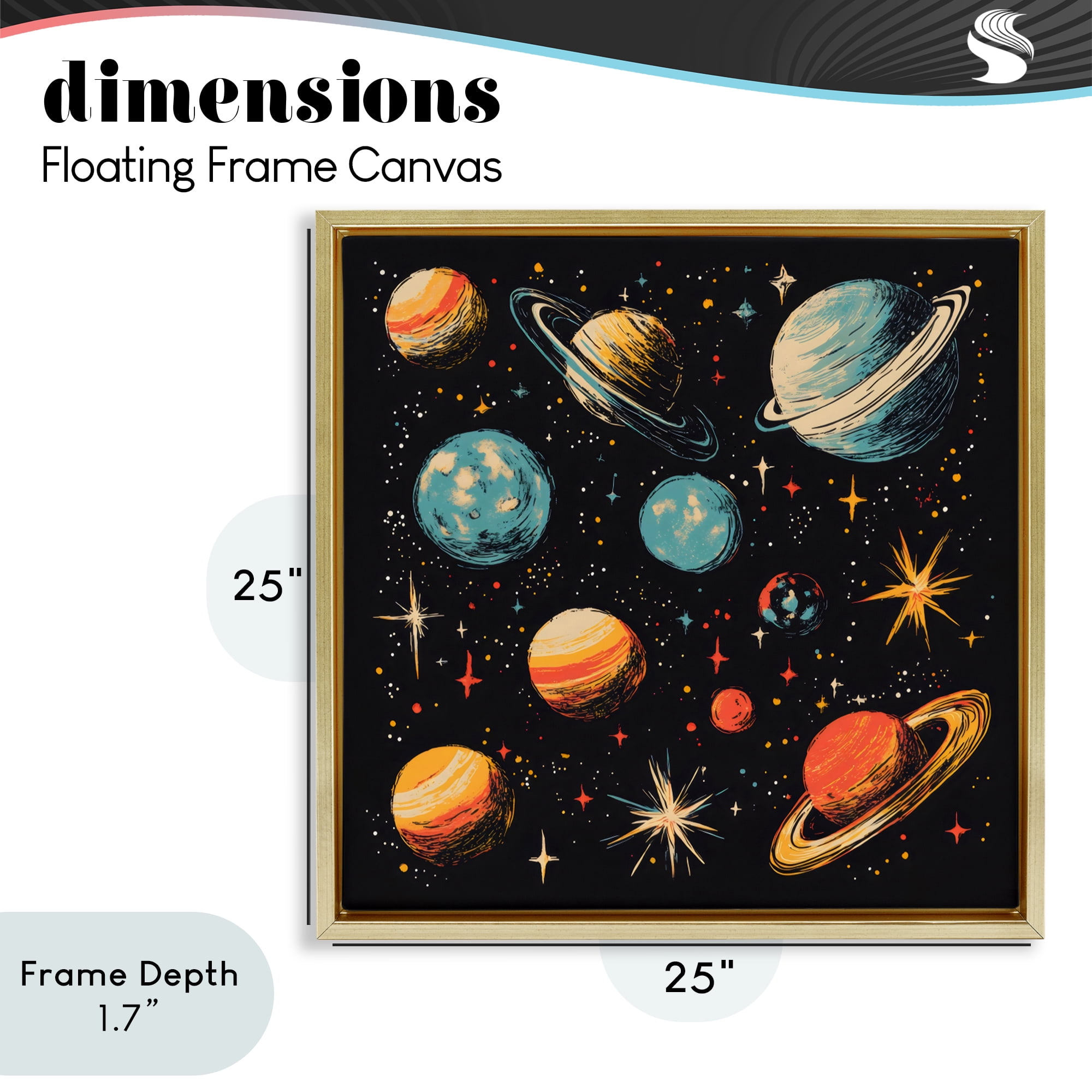 Stupell Industries Colorful Retro Planets Gold Framed Floater Canvas Wall Art, design by Creative Studio