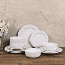 12-Piece Embossed Ceramic Dinnerware Set for 4 - Plates and Bowls Set with 4 Unique Patterns, Ideal for Daily Meals, Gatherings & Gifting, Stylish Kitchen & Dining Essential