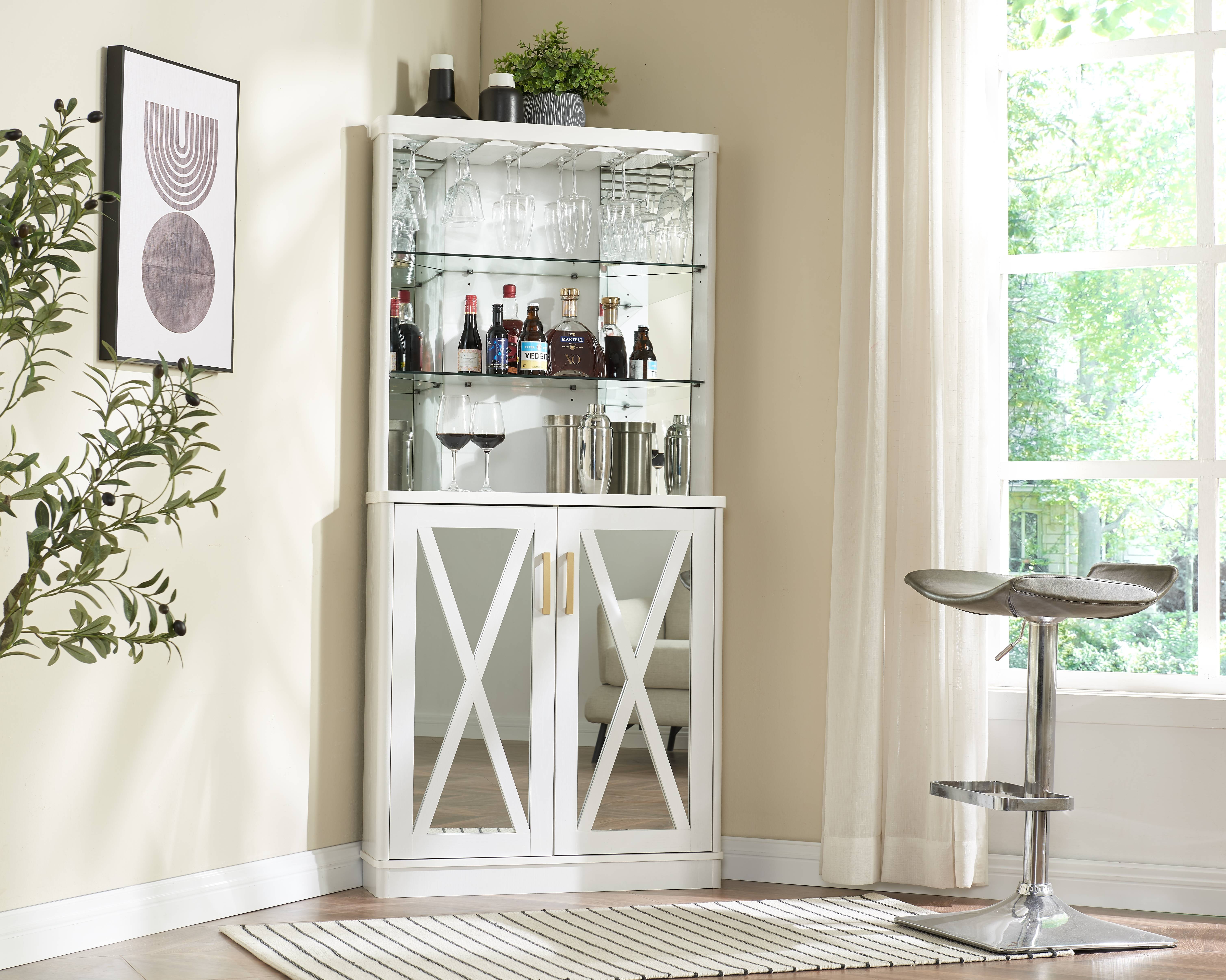 Gramercy Way Corner Bar with Mirrored Panels in White Finish