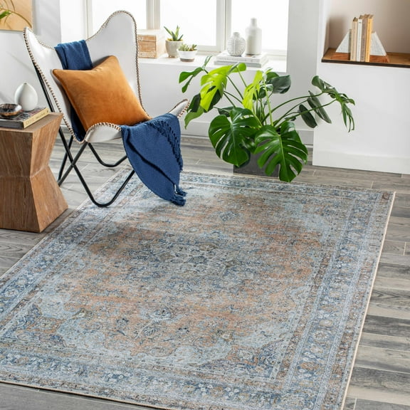 Hauteloom Mianay Living Room, Bedroom Machine Washable Area Rug - Traditional - Blue, Slate Blue, Beige - 5'3" x 7'3"