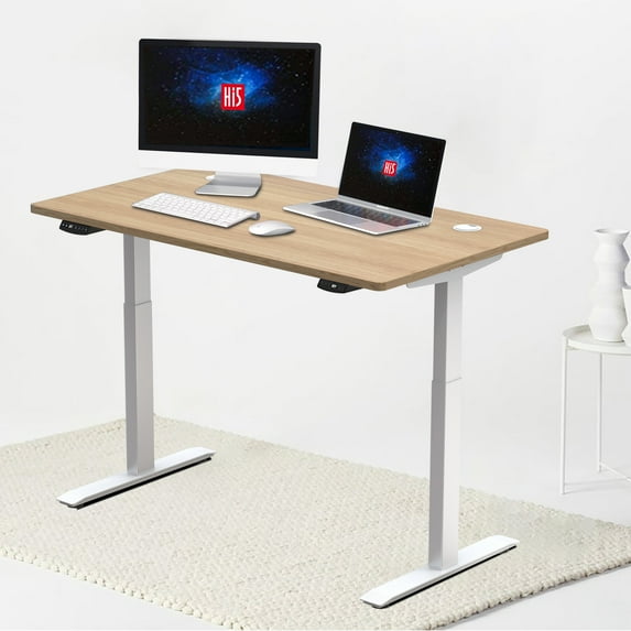 Hi5 Electric Height Adjustable Standing Desks with Rectangular Tabletop (55"x 31.50") for Home Office Workstation-(Oak Color top/ White frame)
