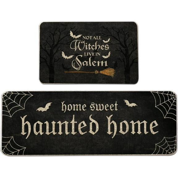 Halloween Kitchen Mat Set of 2, No All Witch Live in Salem Kitchen Rug, Bat Broom Halloween Farmhouse Party Floor Mat for Home Kitchen Decorations - 17x27 and 17x47 Inch