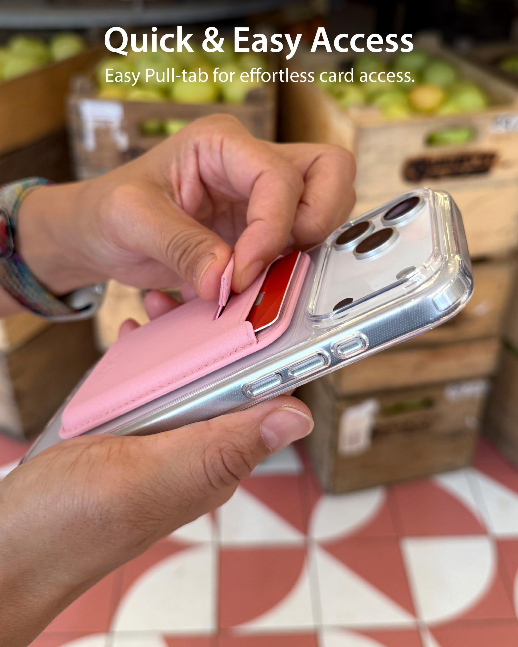Upcommon Enclave Wallet Slim with Pull-tab for iPhone 17/16/15/14/13/12, MagSafe Compatible, Magnetic Card Holder, Microfiber Leather (Pull-tab, Pink, 3 Card Hold)