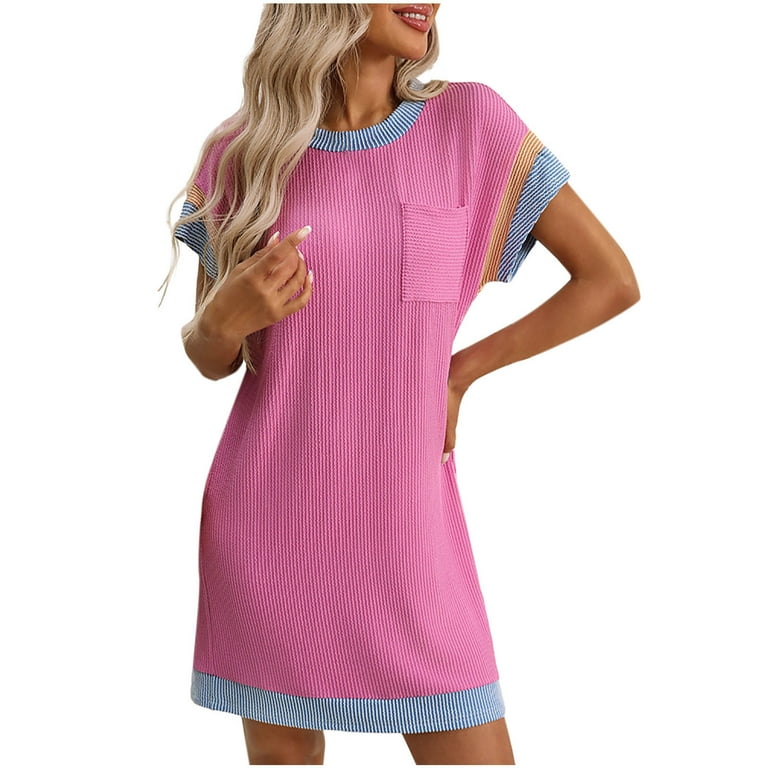 NXMZXB Women's Casual Summer Dresses Fashion Short Sleeve Color Block  Crewneck Textured Ribbed Kniited Mini Tshirt Dress with Pockets Hot Pink S  - Walmart.com