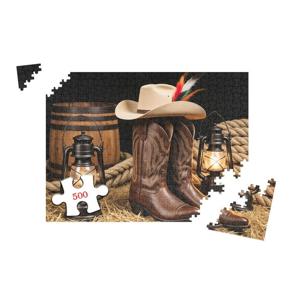 500 Pieces Adult Jigsaw Puzzle Western Cowboy Theme with Hat Boots Lanterns Rustic Farm Decor 20.5x15 Inch Challenging Brain Teaser for Adults Home Entertainment Stress Relief Activity