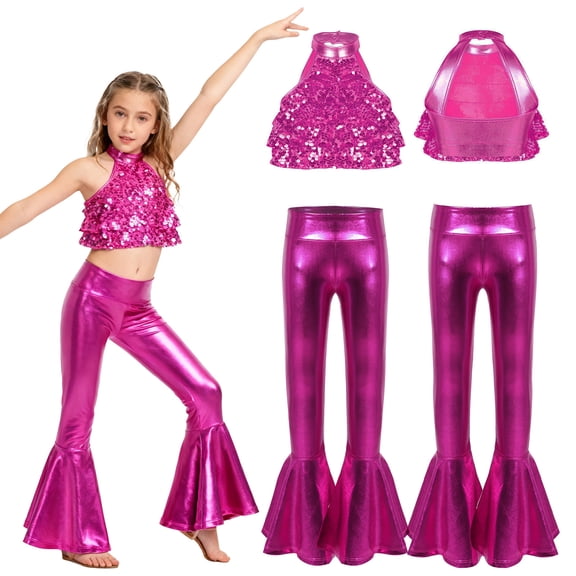 Miutii Kids Girls Disco Hip Hop Jazz Dance Outfit Ruffle Shiny Sequin Crop Top with Metallic Bell Bottom Pants Hot Pink 6