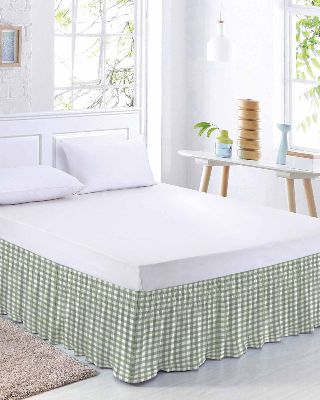 Sage Green Buffalo Plaid Bed Skirt Cal King Size, Farmhouse Green White Checkered Wrap Around Bed Skirting with Adjustable Elastic Strap, Dust Ruffled Pleated Bedskirts 16 Inch Drop for Bedroom Beds