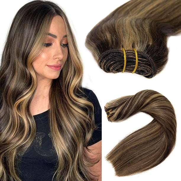 Extensiones de cabello para coser Cabello humano real Ombre Marrón y Rubio caramelo Destacados Extensiones de cabello de trama Cabello humano Balayage Extensiones de cabello para coser en trama 120G 2