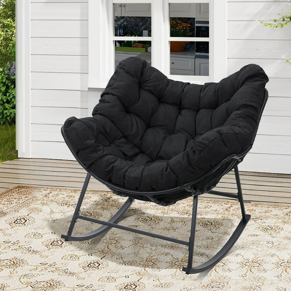 TUAREX Outdoor Rattan Rocking Chair, Oversized Papasan Chair with Padded Cushion, Perfect Rocker for Garden, Porch, Comfortable Wicker Swing Chair for Adults, Black