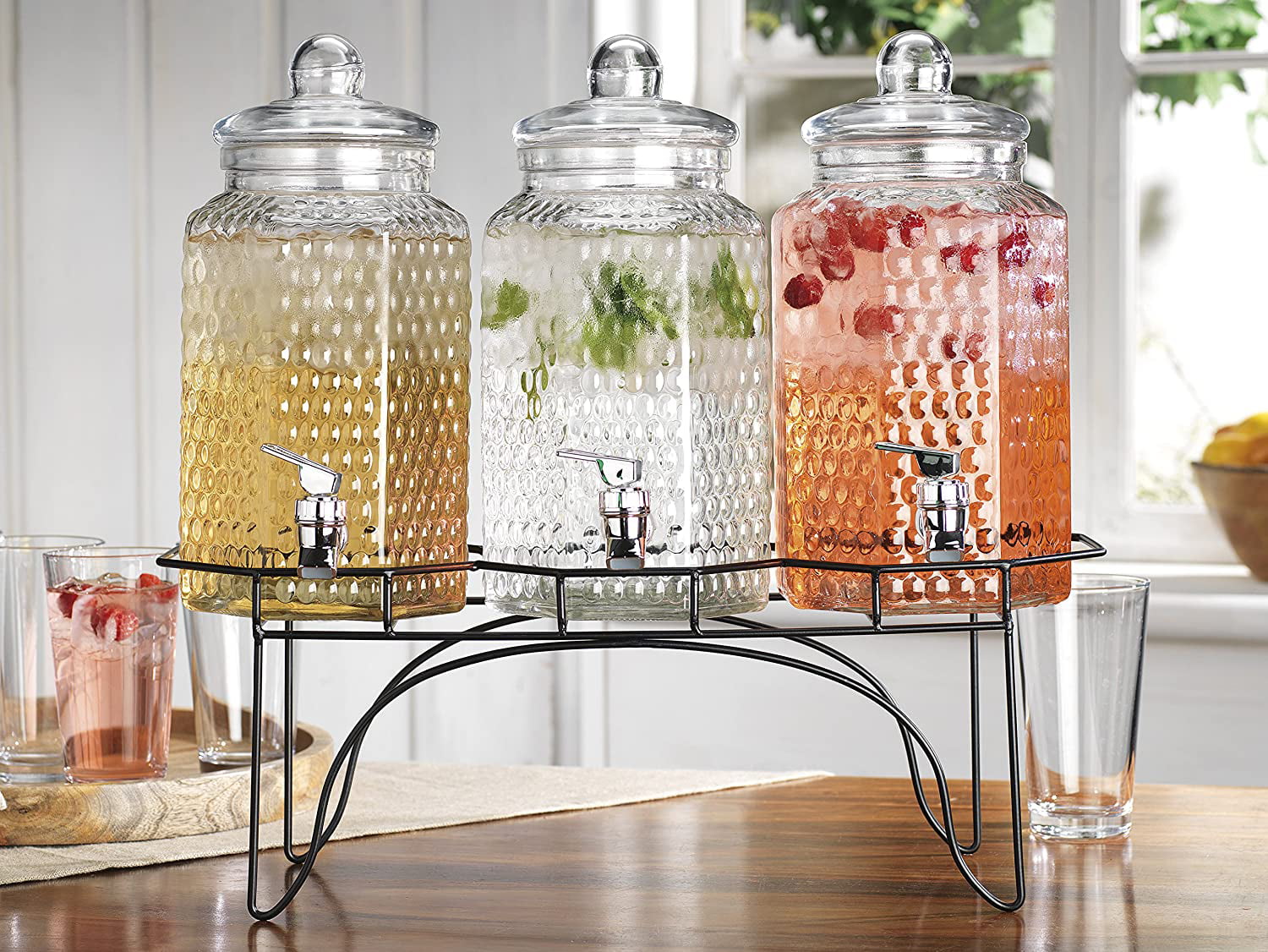 2 Two 1 Gallon Each Quality Ice Cold Clear Glass Jug Dispensers with Metal Wagon Display Stand 