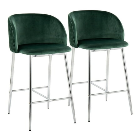 Fran Pleated Contemporary Glam Fixed-Height Counter Stool In Chrome Metal And Green Velvet - Set Of 2