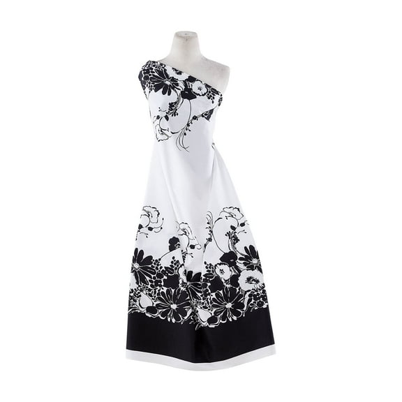 Zelouf Garden Floral Dbl Border Print On St Cotton Poplin , Sewing, DIY, Crafts Fabric by the Yard, White/blk, 3 Yard