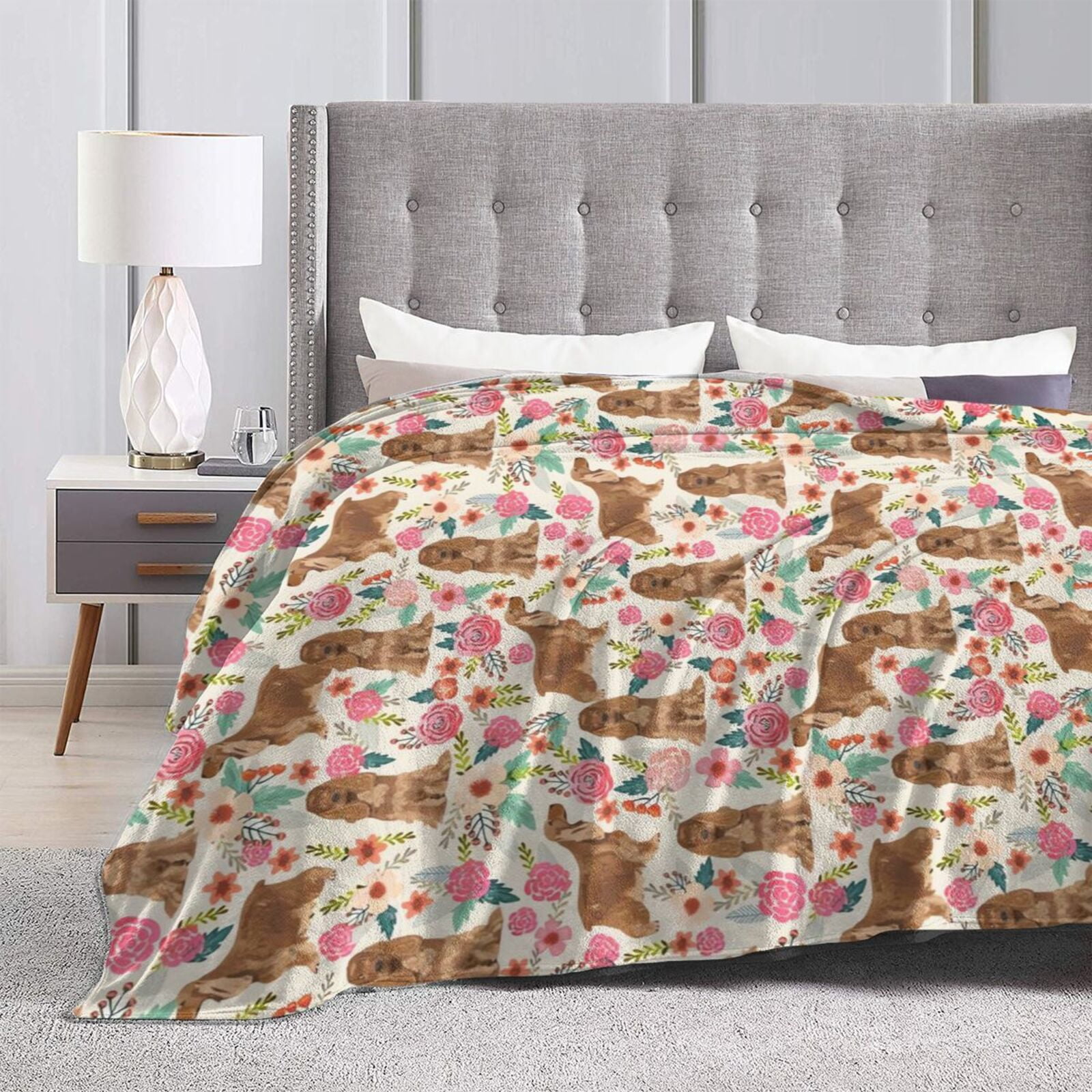 Wijzvio Spaniel Dogs Lovers Flower Floral Throw Blanket Soft Fuzzy Fleece Blanket For Couch Bed Living Room Decoration 80"X60"