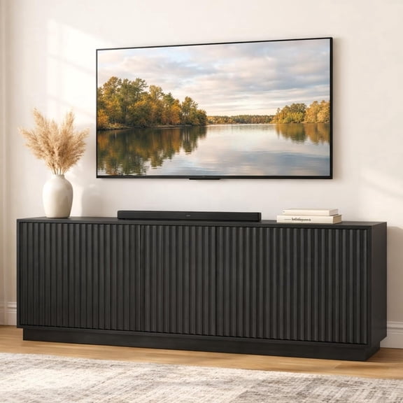 63'' Fluted TV Stand for TVs up to 75'', Modern Long Media Console with Storage Cabinets & Adjustable Shelves,Entertainment Center for Living Room Bedroom (Black)