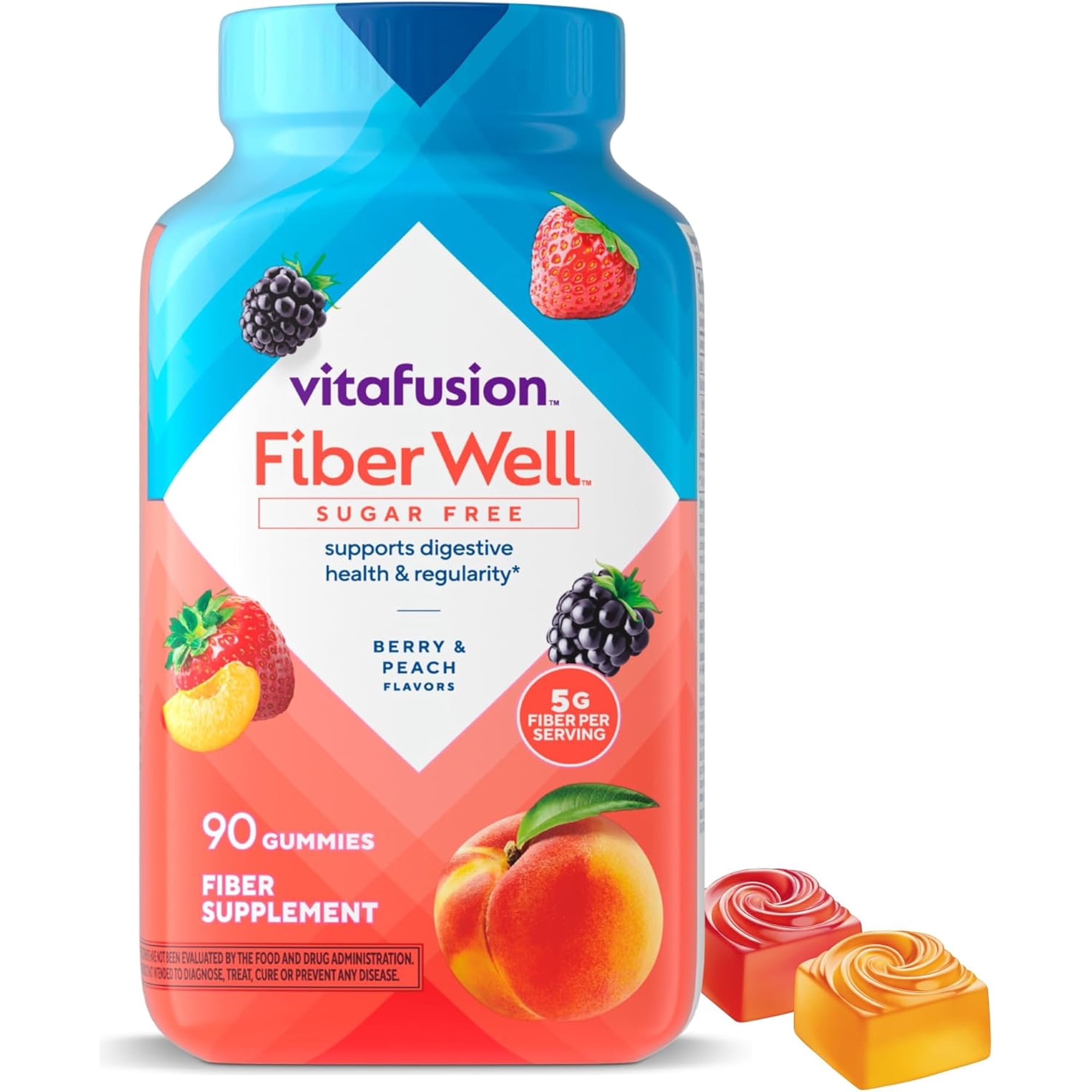 (2 pack) Vitafusion Fiber Well Sugar Free Fiber Supplement Gummies, Berry & Peach Flavors, 90 Count