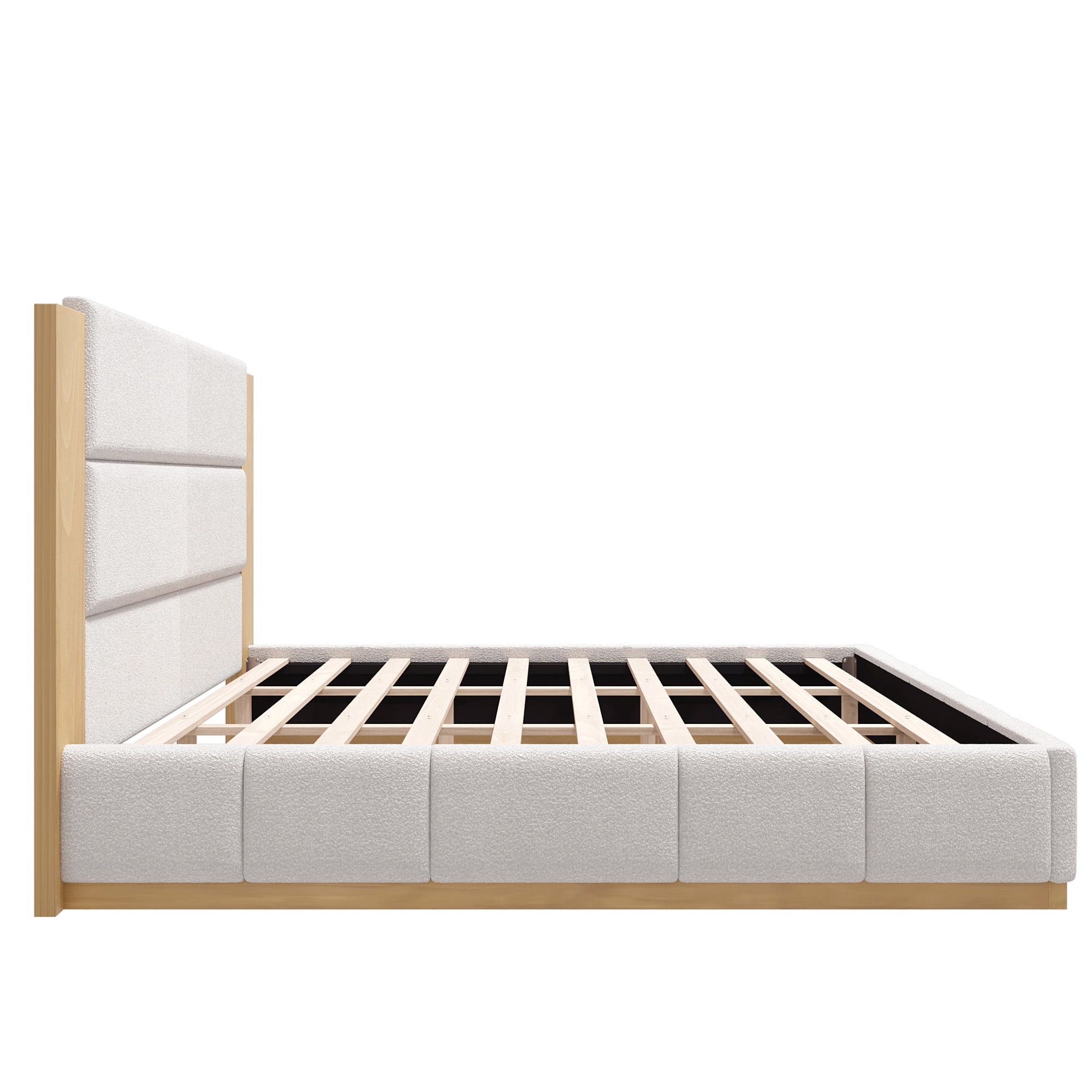 Euroco Upholstered King Size Platform Bed, Velvet Bed with High Wood Headboard, White