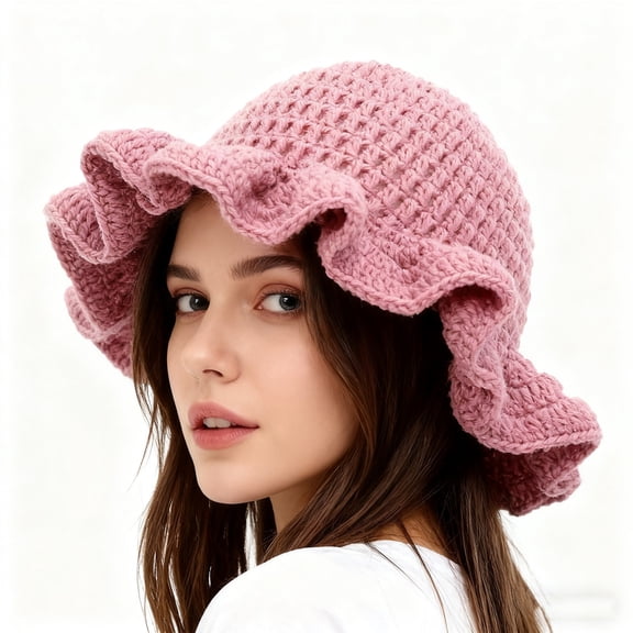 Womens Bucket Hat Handmade Crochet Ruffled Knit Hat Fashiona Colorful Wide Brim Hat Sun Hat Hiking Take Photos