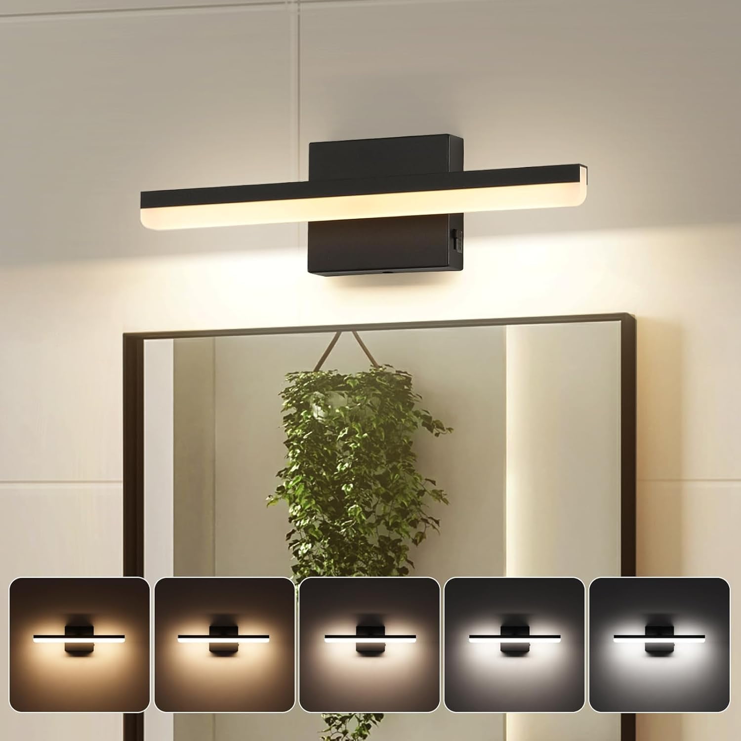 RGHJAR-LED Modern Bathroom Vanity Light Fixtures Dimmable 5CCT 12W Lights Over Mirror Black Wall Light Bar for Bathroom 15.7 inch ETL Certificated