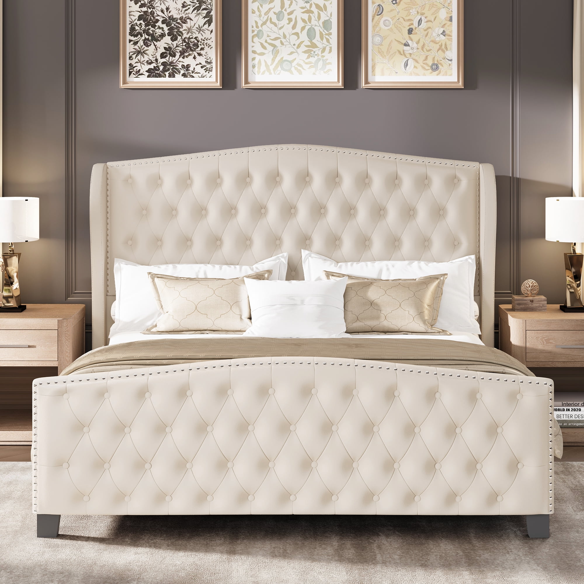 Breltam King Size Bed Frame Velvet Upholstered Platform Bed with Wingback Headboard, Beige