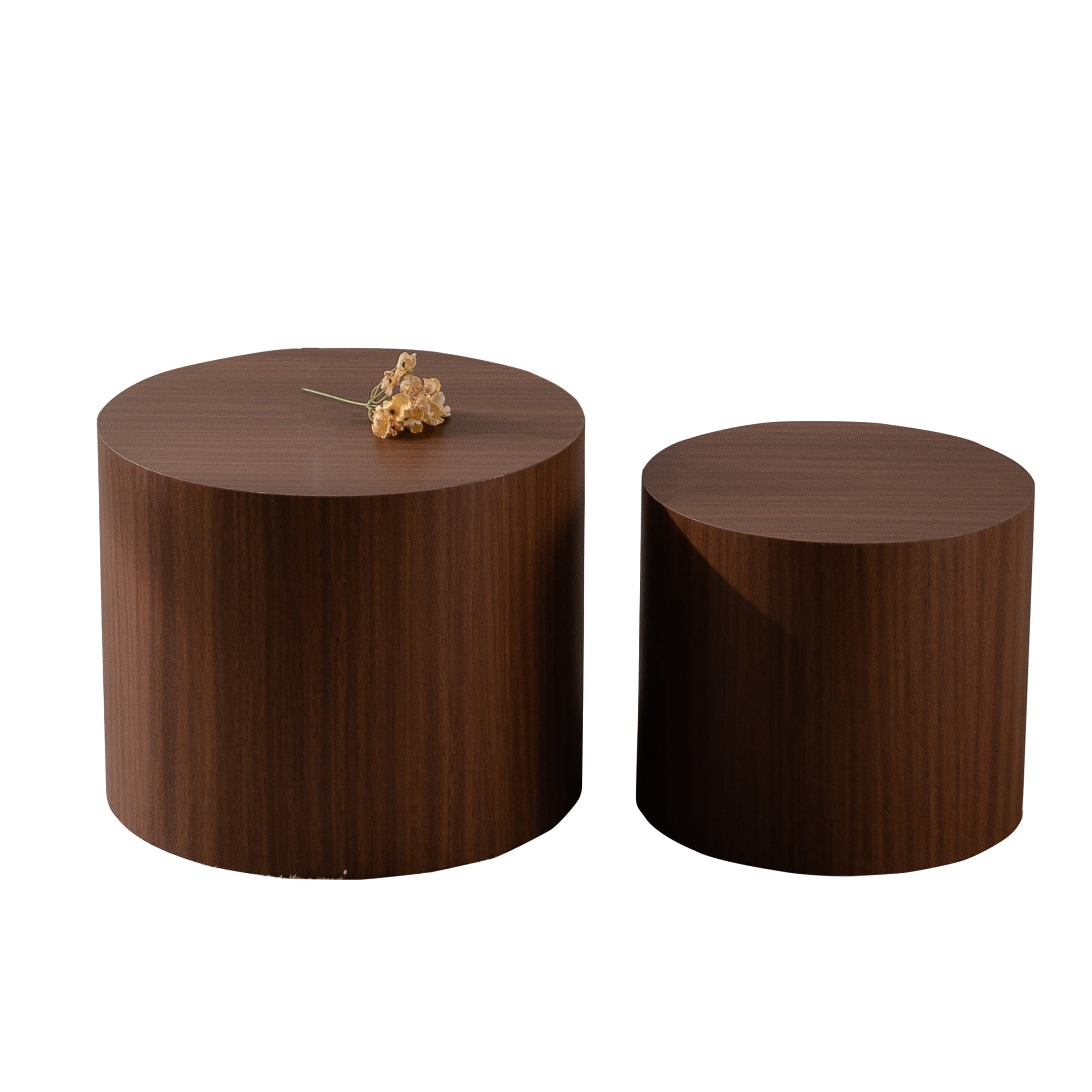 Noble House Nathan 2-Piece Round Nesting Coffee Table Set, Modern Wooden Industrial Side Tables, Walnut, Set of 2