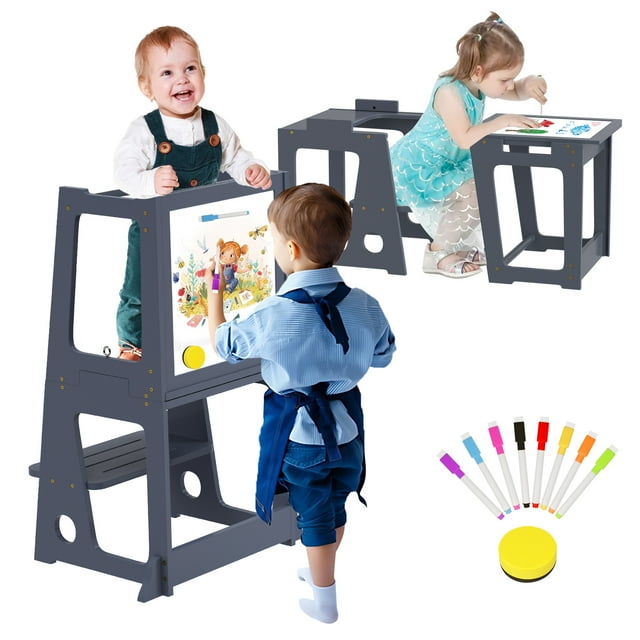 Toddler Learning Tower, Kitchen Toddler Step Stool Standing Tower with Whiteboard 2 in 1 Convertible Table and Chair, Removable Safety Rail, Widened Platforms for Kitchen Counter Bathroom Sink