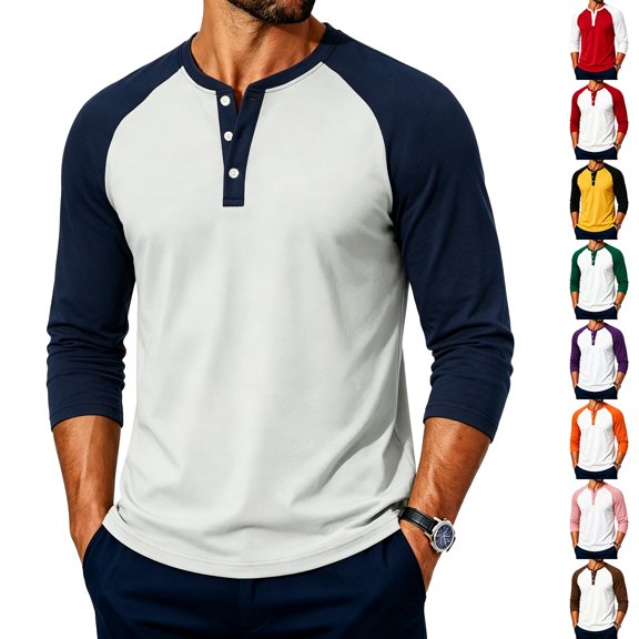 Evdexr Mens Henley Shirts 2026 Raglan Long Sleeve T Shirts Fall Vintage Baseball Lightweight Tops Breathable Buttons Color Block Athletic Shirt M