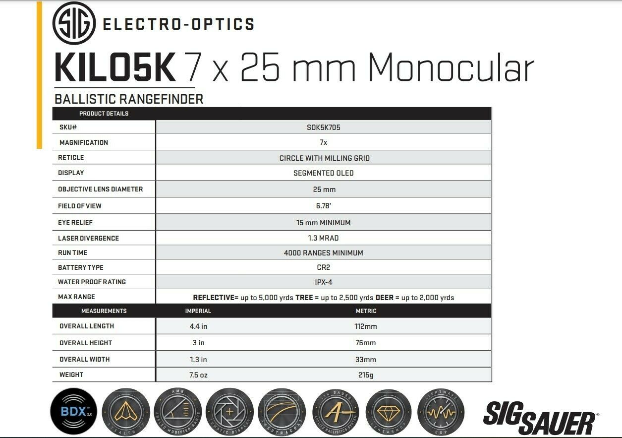 Sig Sauer KILO5K 7x25mm BDX 2.0 Laser Rangefinder, Red OLED Display - SOK5K705 - image 3 of 3