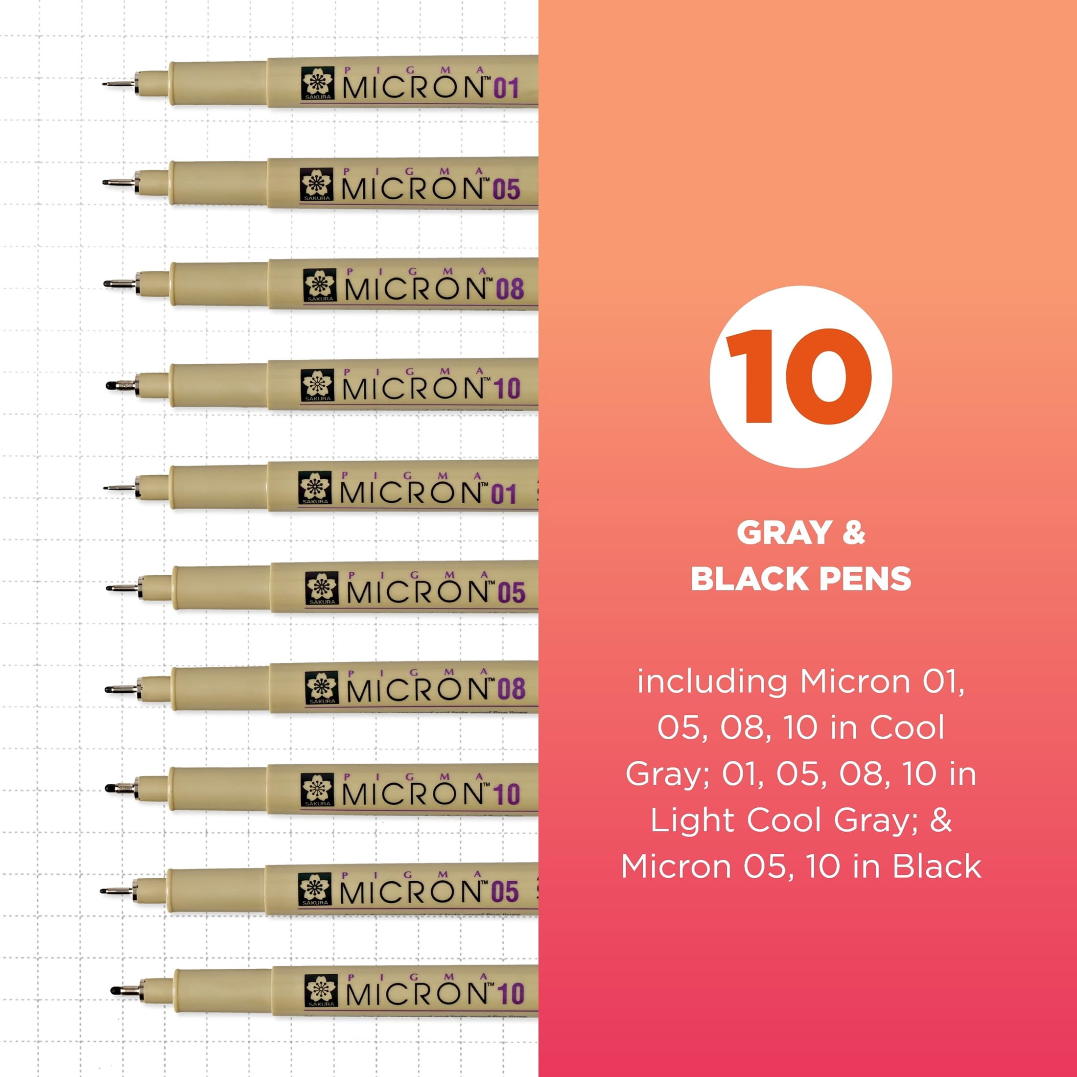 Sakura Pigma Micron Fineliner Pens - Archival Black and Gray Ink Pens - Pens for Writing, Drawing, or Journaling - Assorted Point Sizes - 10 Pack