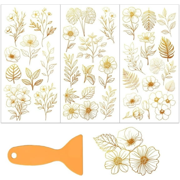 3pcs/Set Golden Flowers Leaves Rub on Transfers for Furniture Crafts - 6x12 Inch Flowers Furniture Decals - PVC Material - Floral Style - Indoor Use