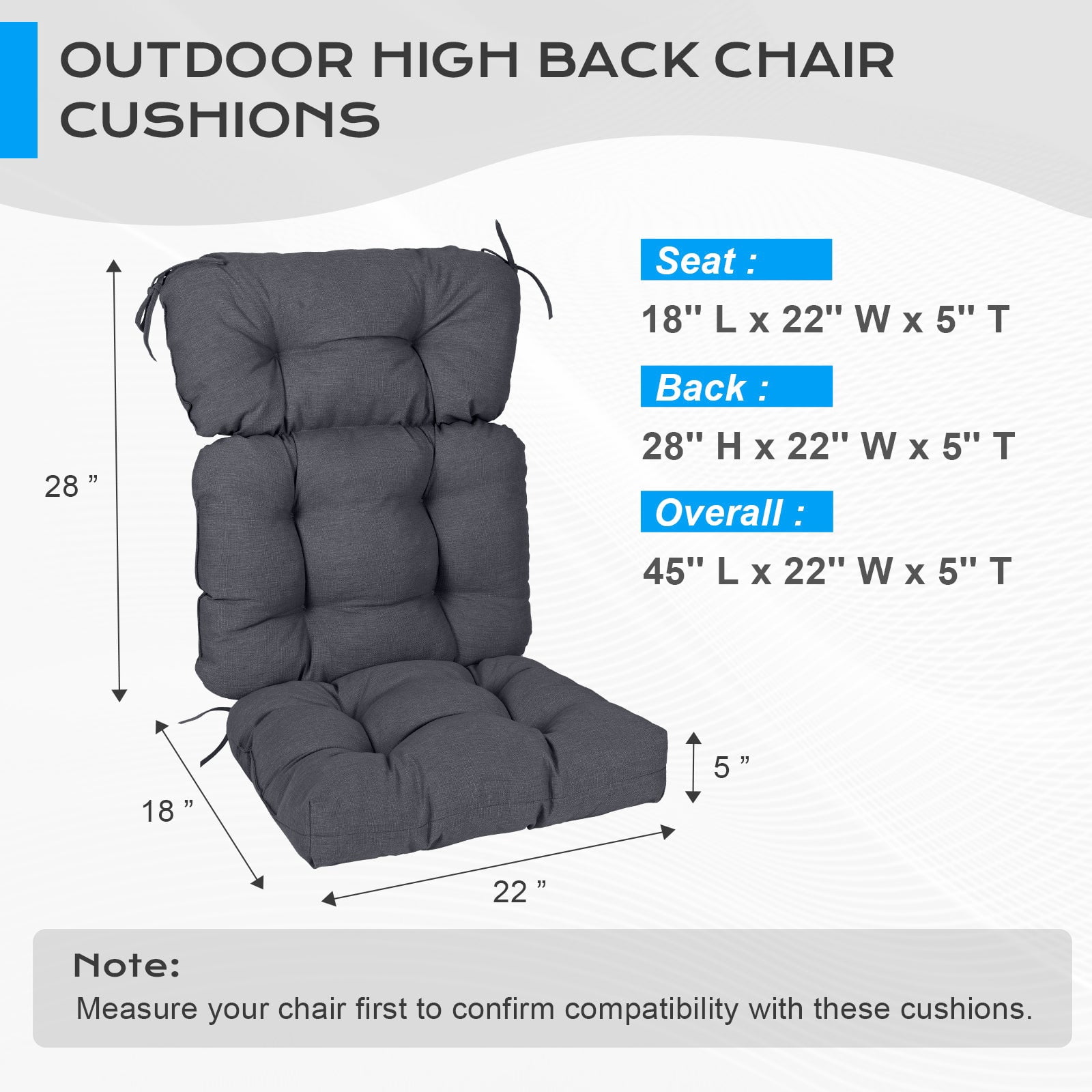 Aoodor Outdoor 45"x 22" x5" Tufted High Back Cushions Patio Replacement Chair Cushion with Ties, Water and Fade Resistant for All Weather (Dark Gray, Set of 2）
