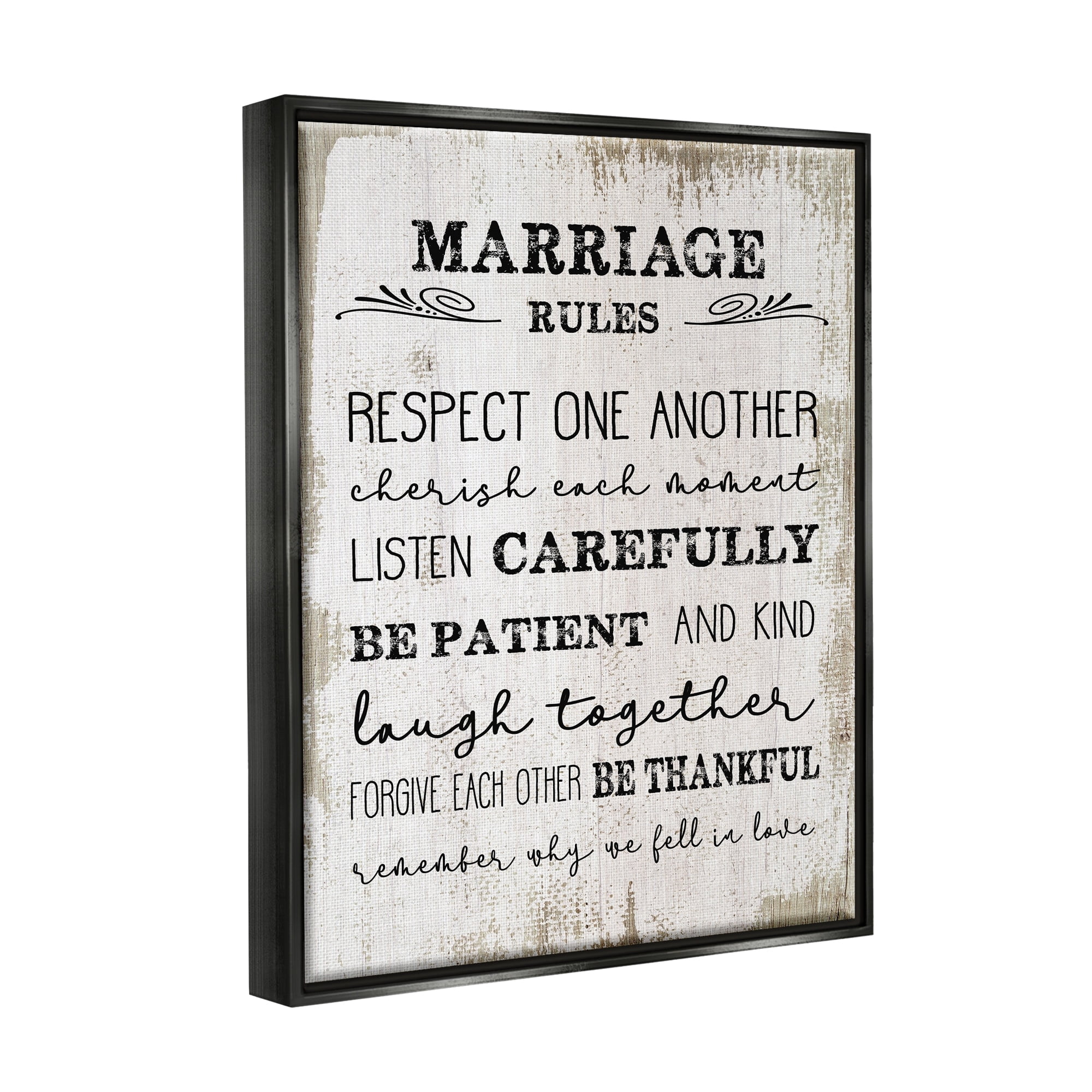 Stupell Industries Marriage Rules Home Family Inspirational Word Textured Design Jet Black Framed Floating Canvas Wall Art, 24x30, by Daphne Polselli