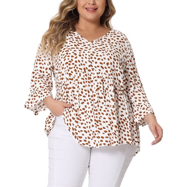 GRACE & GRANDEUR Blusas de mujer de talla grande con mangas 3/4, escote en V, dobladillo peplum, lunares, estilo babydoll, 2X, rosa